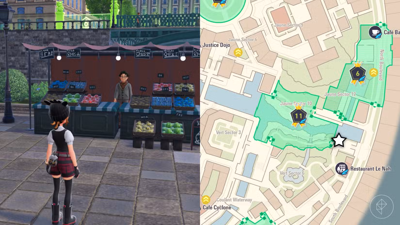 Um treinador Pokémon está em frente a uma barraca de frutas silvestres perto do Restaurante Le Nah.