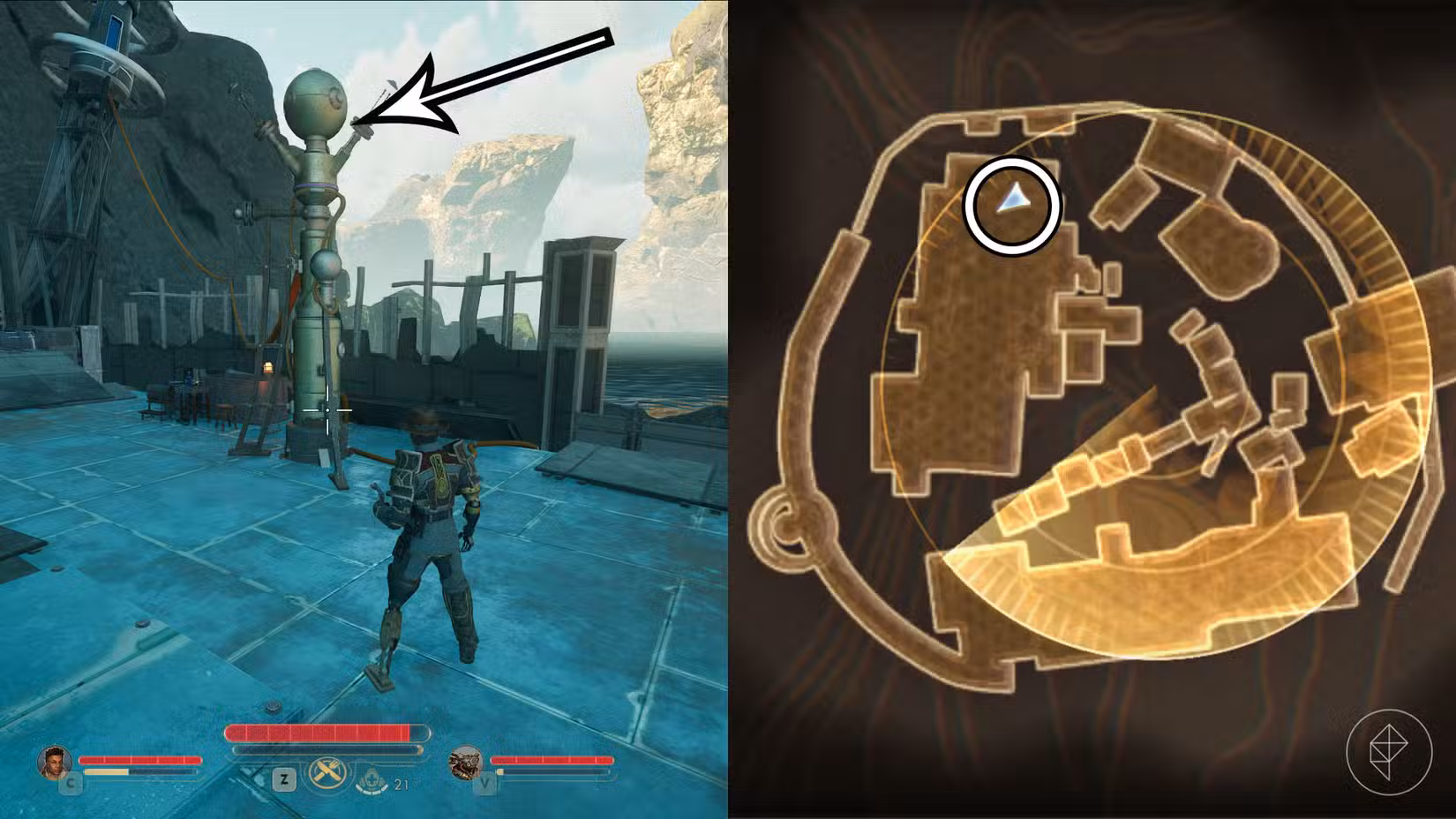 Uma montagem de duas capturas de tela de The Outer Worlds 2 mostrando onde encontrar a pista número 3 na missão Medidas Arbitrárias