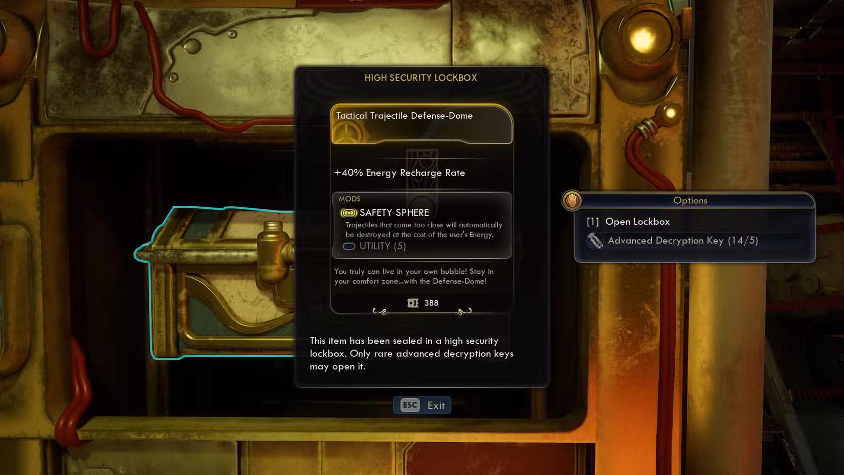 Uma captura de tela de The Outer Worlds 2 mostrando a descrição do cofre Tactical Trajetile Defense-Dome