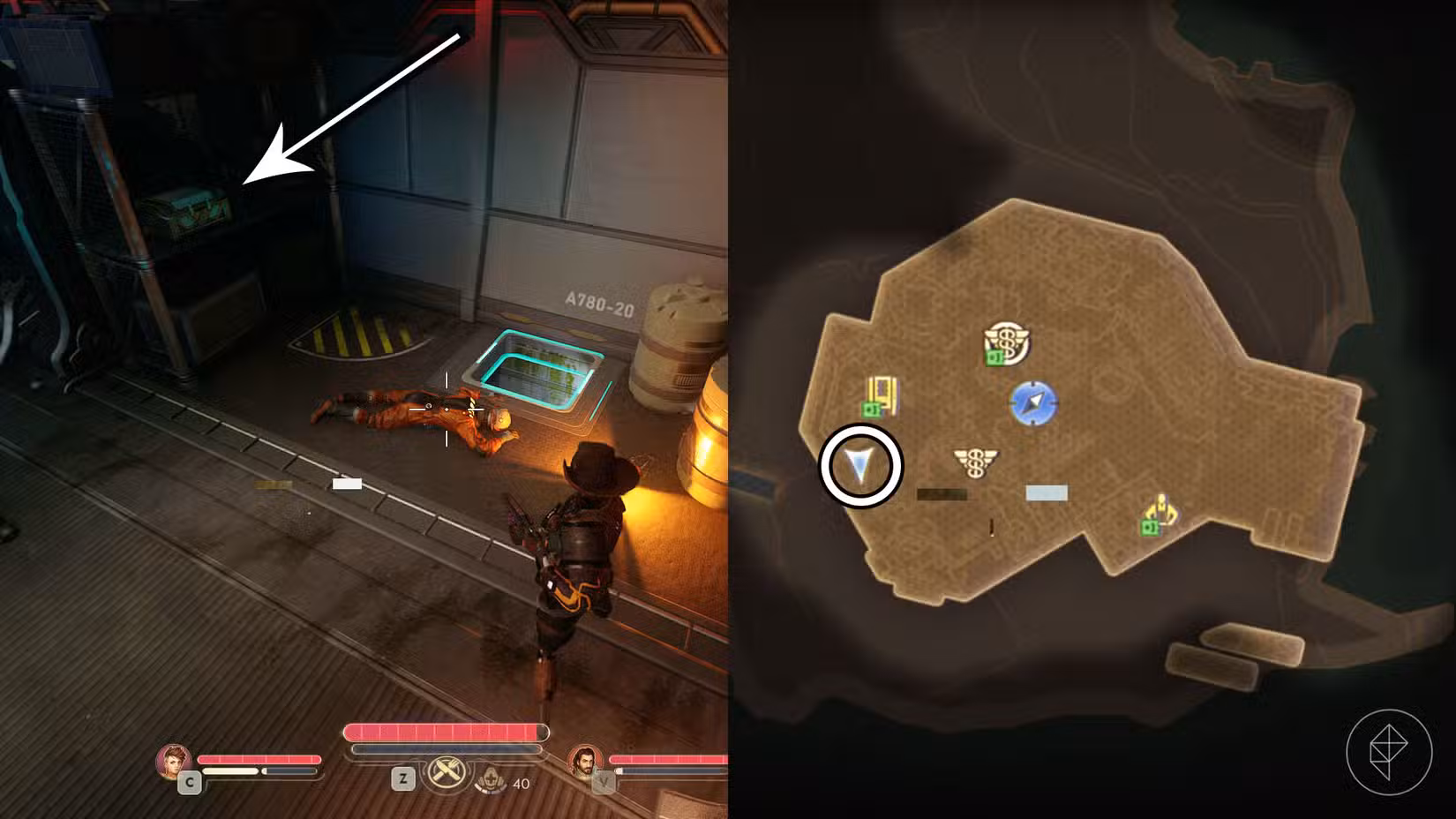 Uma montagem de duas capturas de tela de The Outer Worlds 2 mostrando a localização da ockbox do Dead Man's Jacket