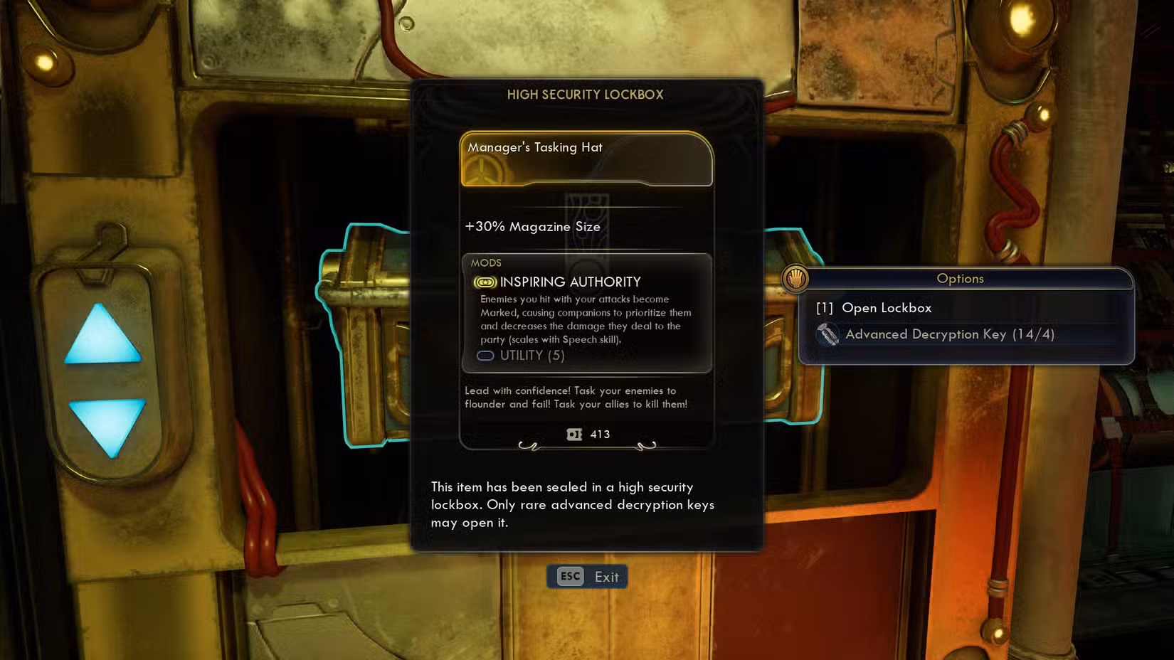 Uma captura de tela de The Outer Worlds 2 mostrando a descrição do cofre do Tasking Hat do Manager