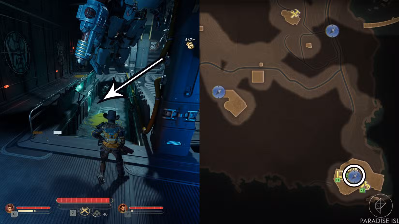 Uma montagem de duas capturas de tela de The Outer Worlds 2 mostrando a localização do cofre do Dead Man's Jacket