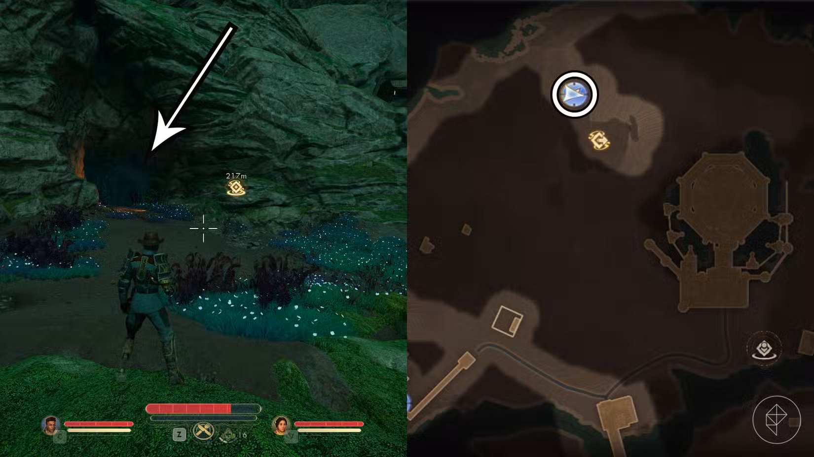 Uma montagem de duas capturas de tela de The Outer Worlds 2 mostrando a localização do cofre do Murder's Best Friend