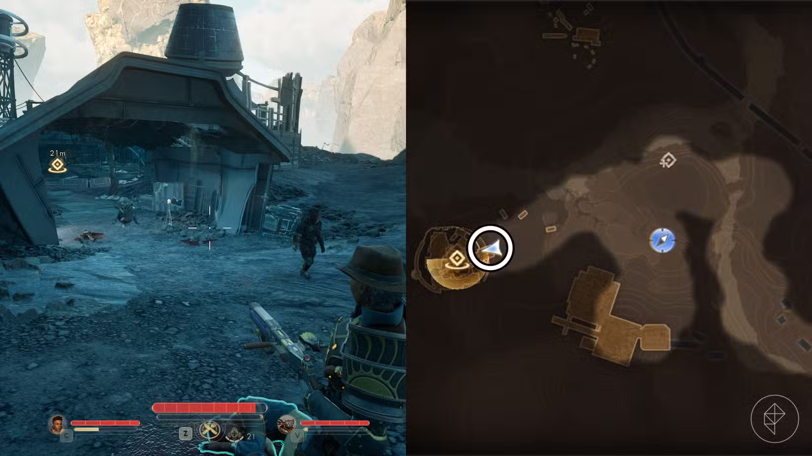 Uma montagem de duas capturas de tela de The Outer Worlds 2 mostrando a localização do cofre do Lonesome Ranger