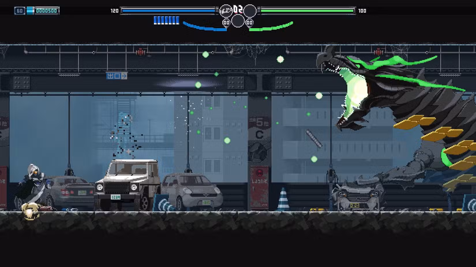 Uma imagem do jogo de ação 2D Blade Chimera, com o protagonista de cabelos brancos lutando contra um dragão gigante em um estacionamento