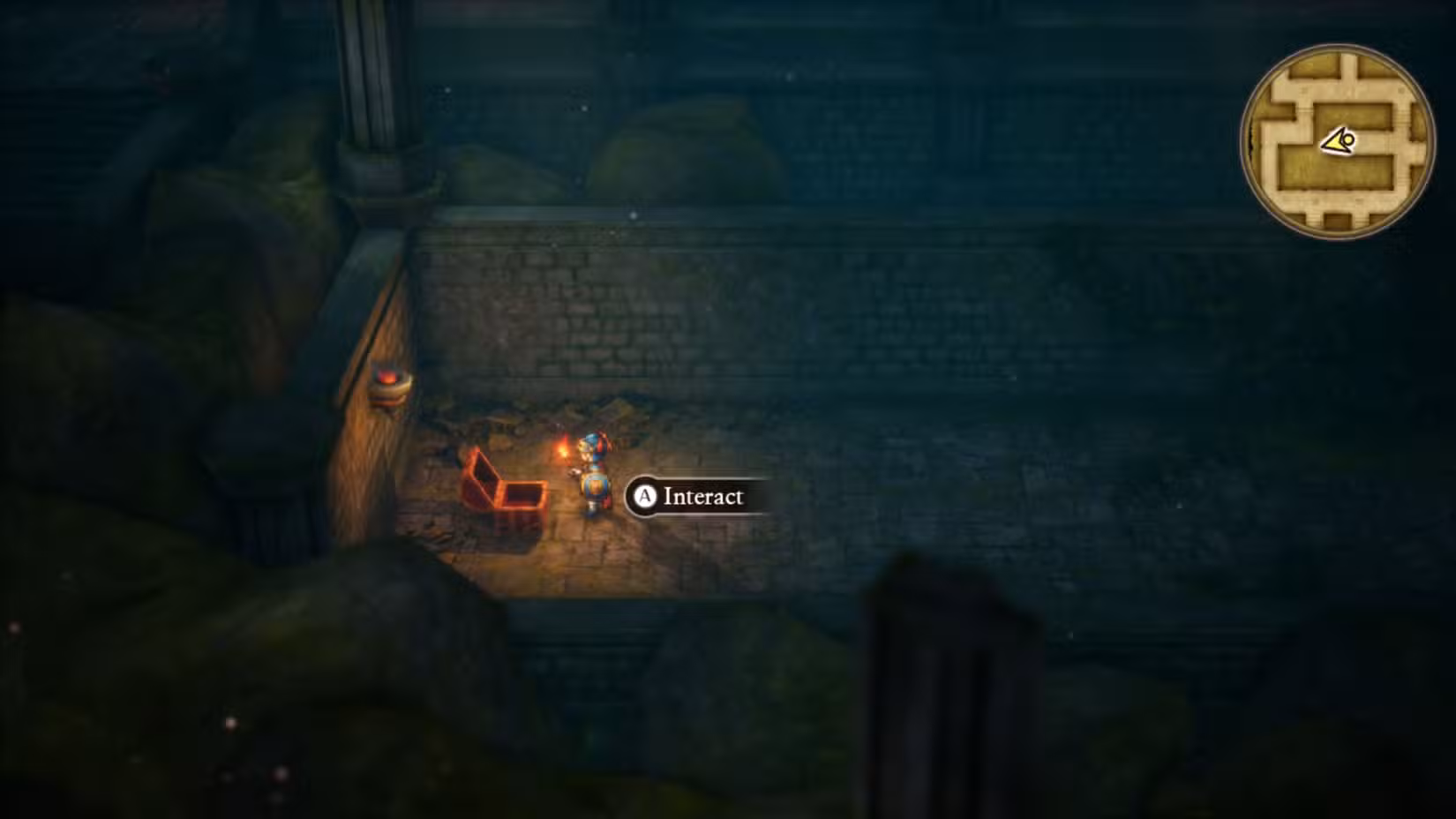 Uma captura de tela de Dragon Quest 1 HD-2D Remake mostrando o herói na frente de um baú aberto dentro de uma masmorra