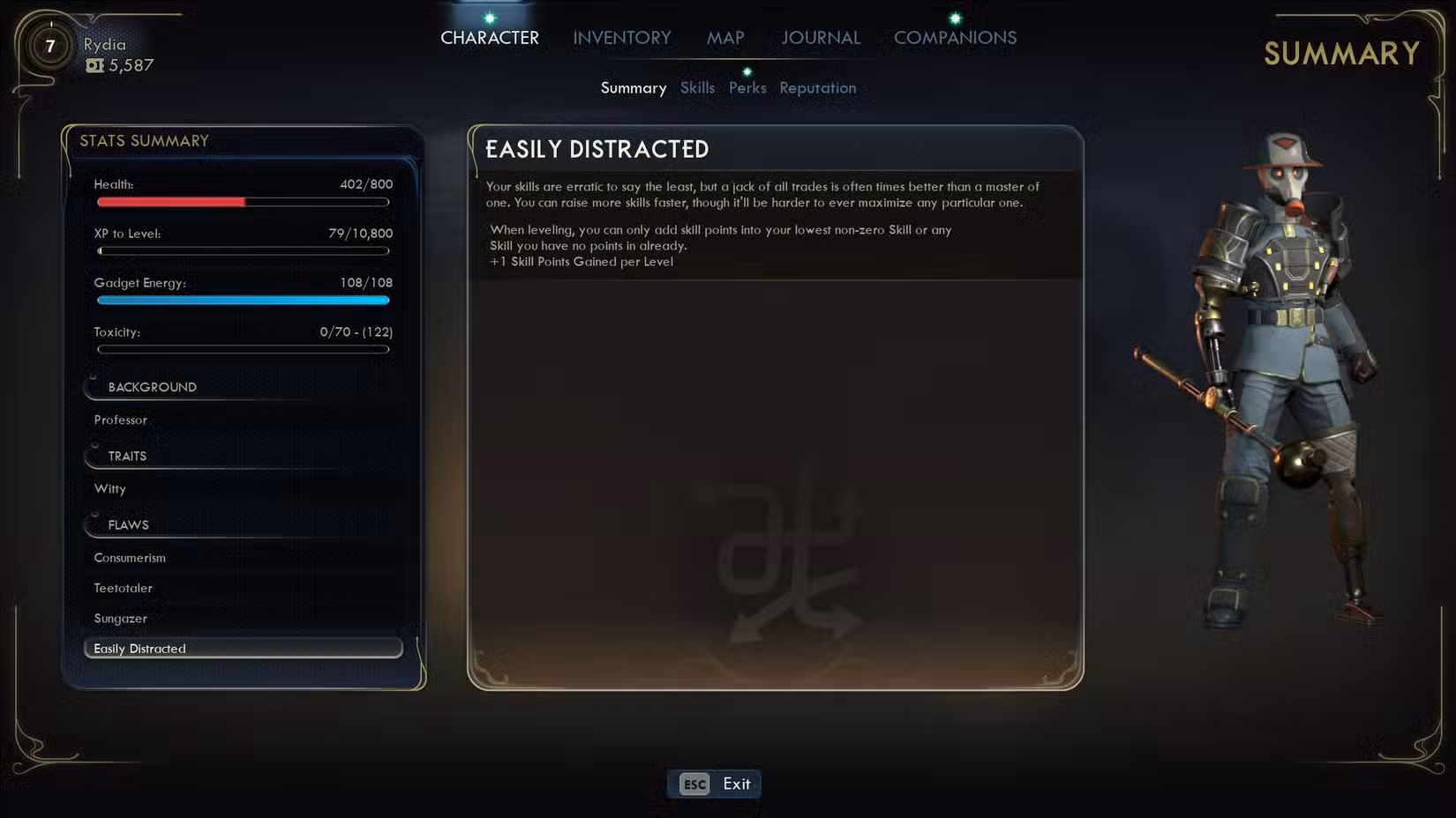 Uma captura de tela de The Outer Worlds 2 mostrando a tela do personagem e onde as falhas aceitas estão listadas