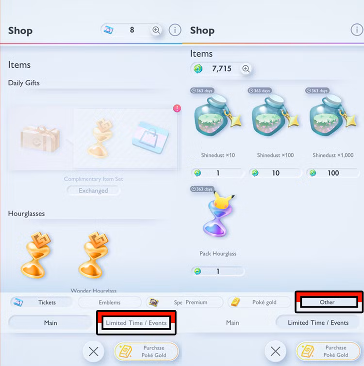 Retângulos temáticos de Pokébola indicando a localização dos botões que levarão você ao menu de troca de Tokens de Troca no Pokémon TCG Pocket.