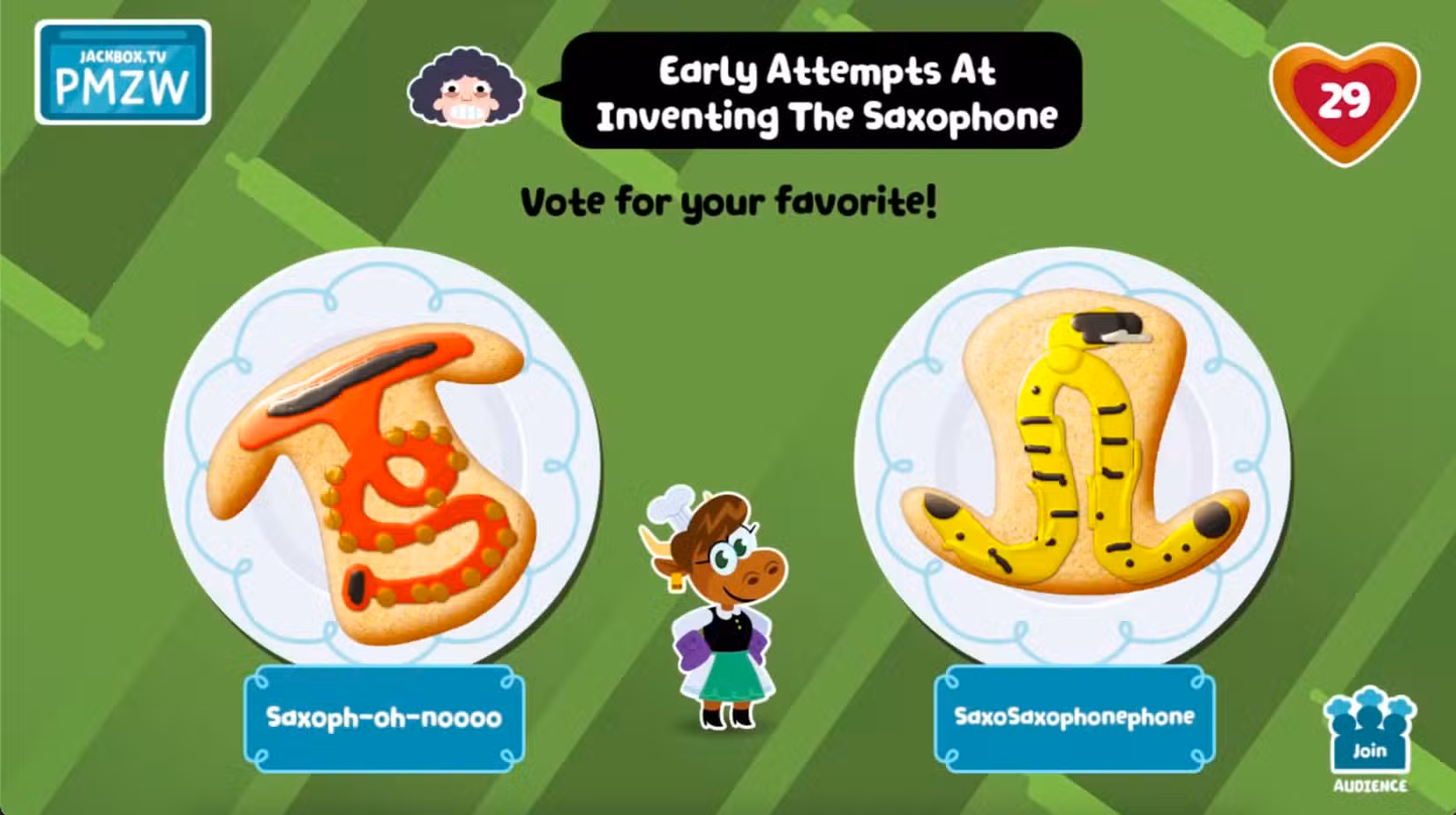 Jogabilidade do Jackbox Cookie Haus mostrando as respostas a "primeiras tentativas de inventar o saxofone."