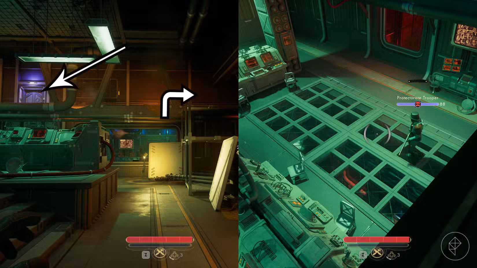 Uma montagem de duas capturas de tela de The Outer Worlds 2 mostrando a localização do segundo conjunto de plataformas que você deve usar para matar os próximos inimigos