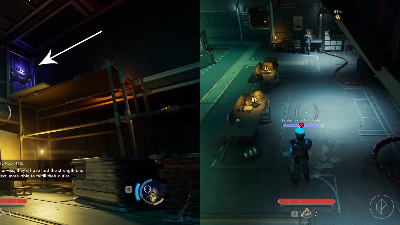 Uma montagem de duas capturas de tela de The Outer Worlds 2 mostrando o local onde você deve escalar pela primeira vez na rota de Operações Especiais