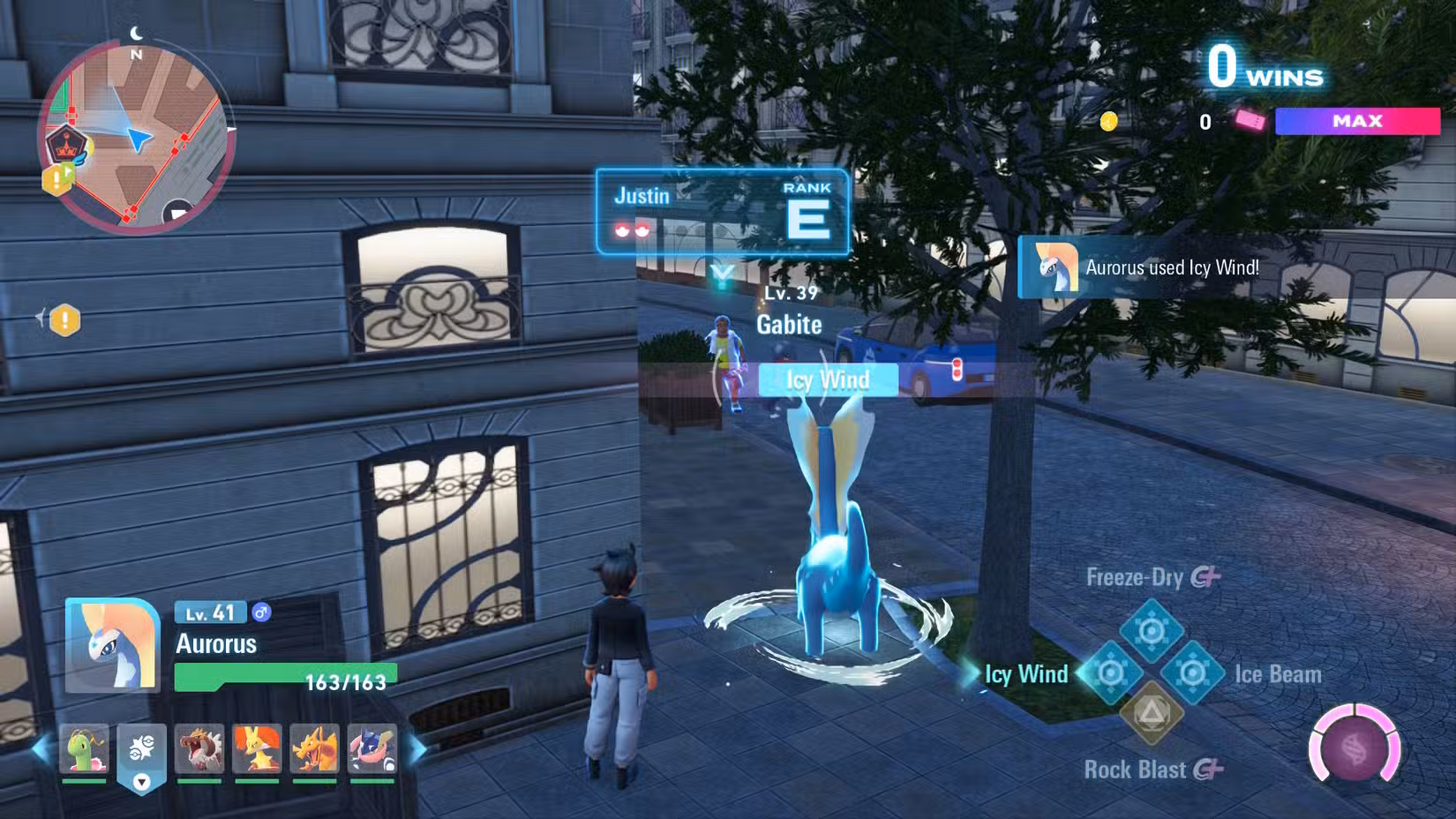 Aurorus ataca um Garchomp em Pokémon Legends ZA Battle Zone