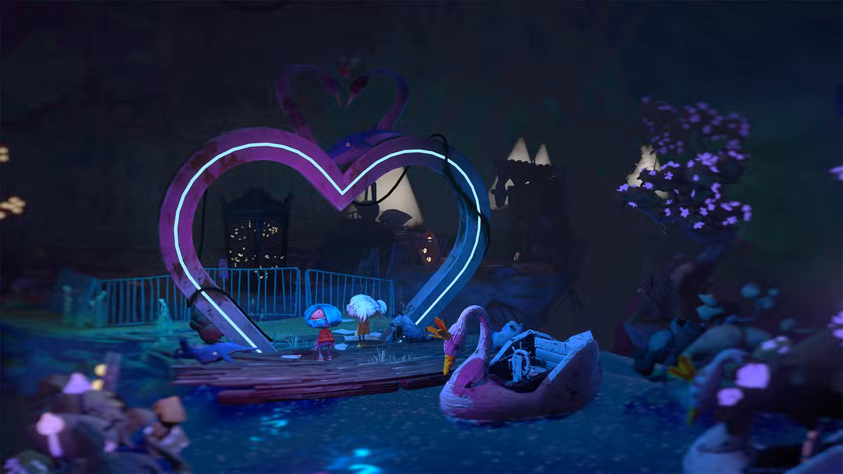 Um zumbi e uma garota humana estão sob um coração neon em Gloomy Eyes.