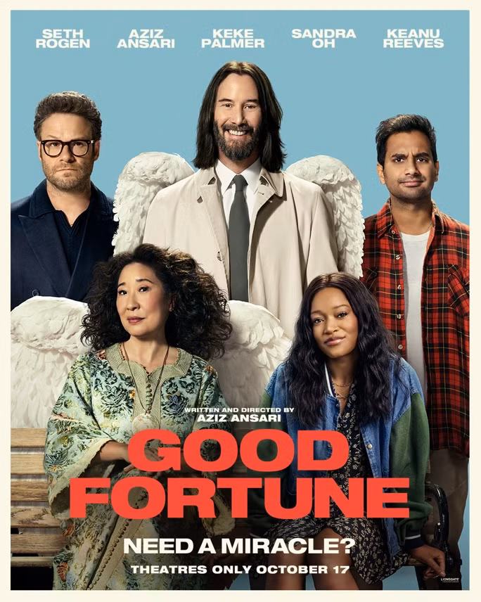 O pôster do filme Good Fortune, com Seth Rogen e Aziz Ansari franzindo a testa enquanto flanqueiam Keanu Reeves com um sorriso largo