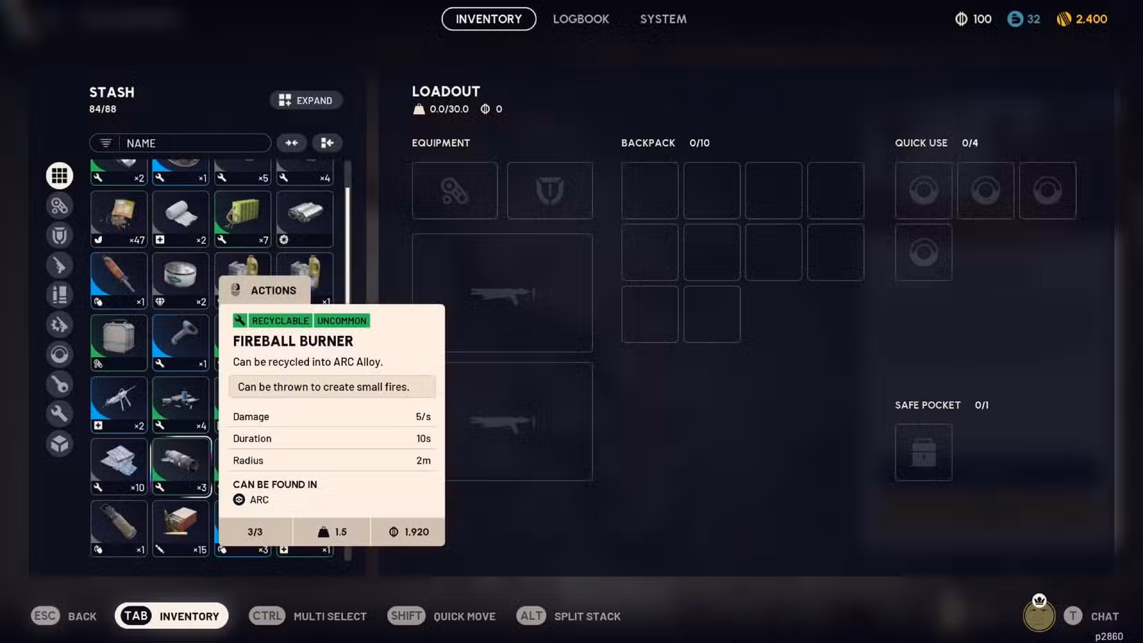 Um Fireball Burner no inventário em Arc Raiders.
