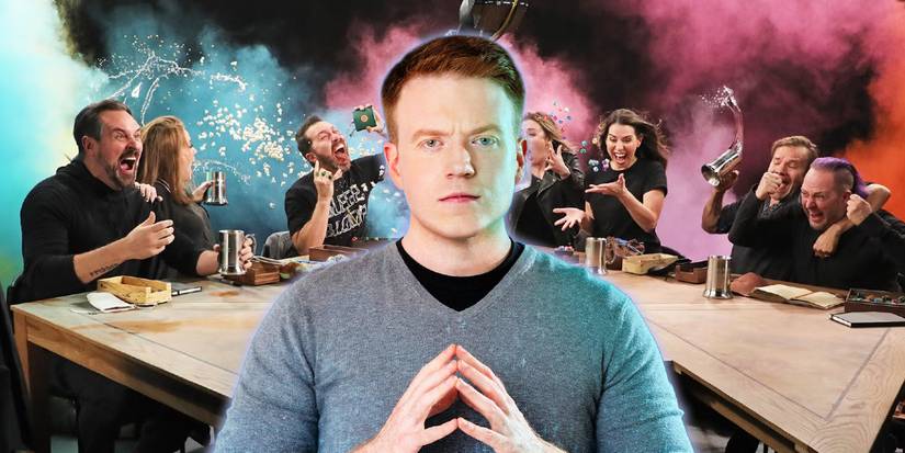 Brennan Lee Mulligan com a equipe do Critical Role tocando ao fundo