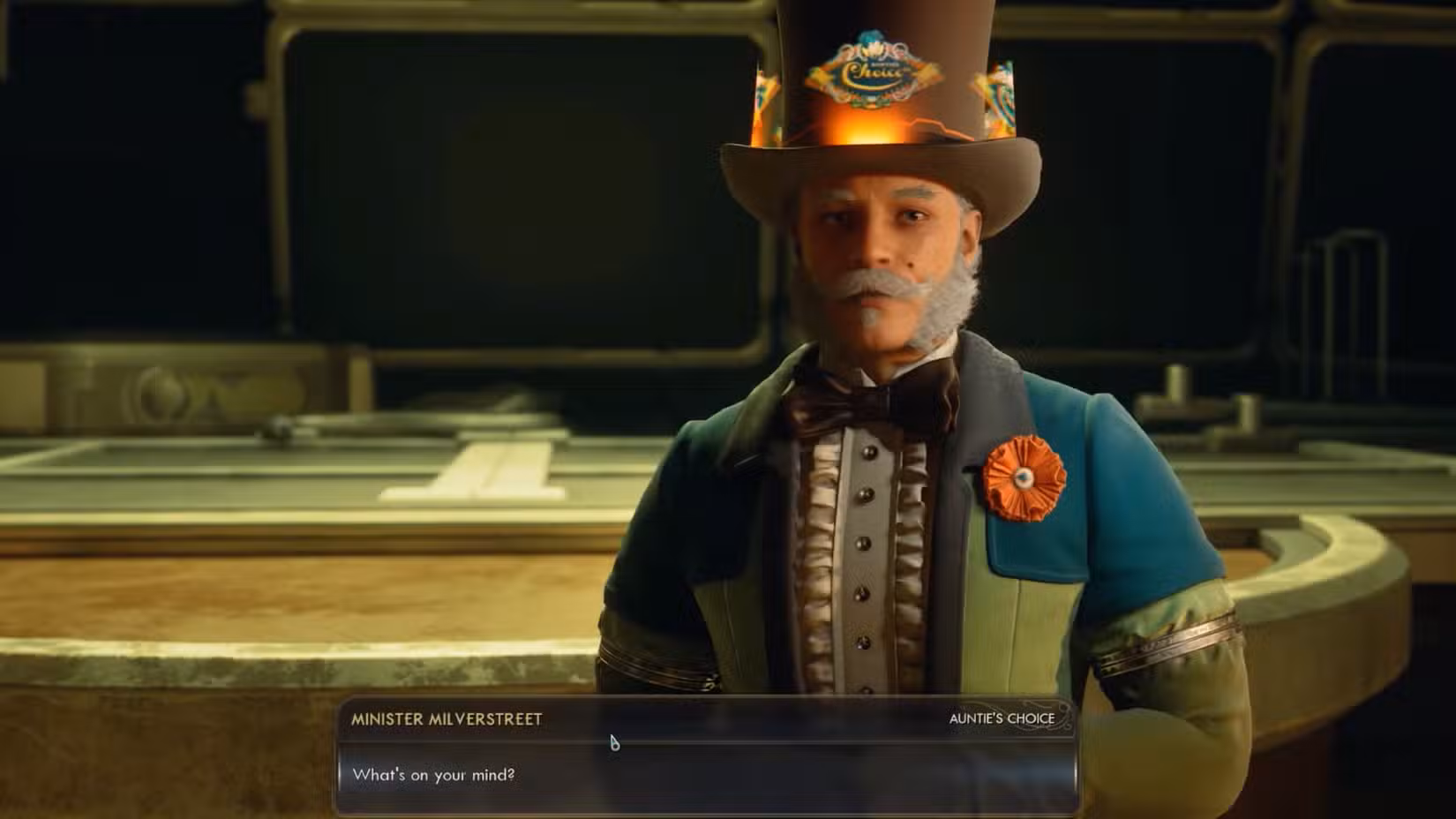 Milverstreet enfrenta o jogador, vestindo uma cartola verde e casaco combinando.