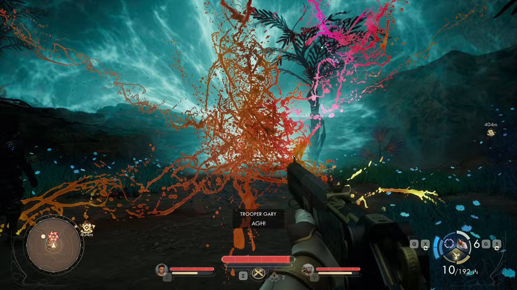 Um soldado sendo puxado para uma fenda em Outer Worlds 2