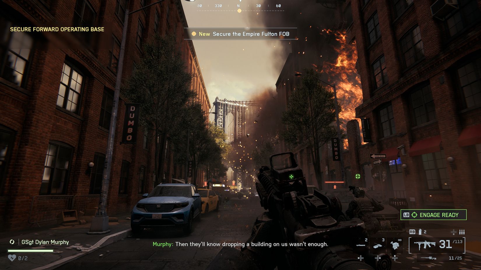 Um soldado marcha através de Dumbo devastado pela guerra em Battlefield 6.