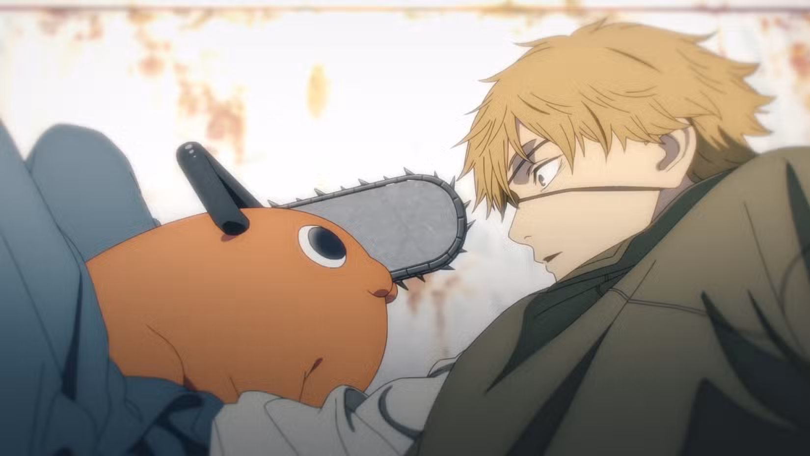 Pochita, o cachorro com uma serra elétrica, e Denji estavam deitados no chão, um de frente para o outro, em Chainsaw Man