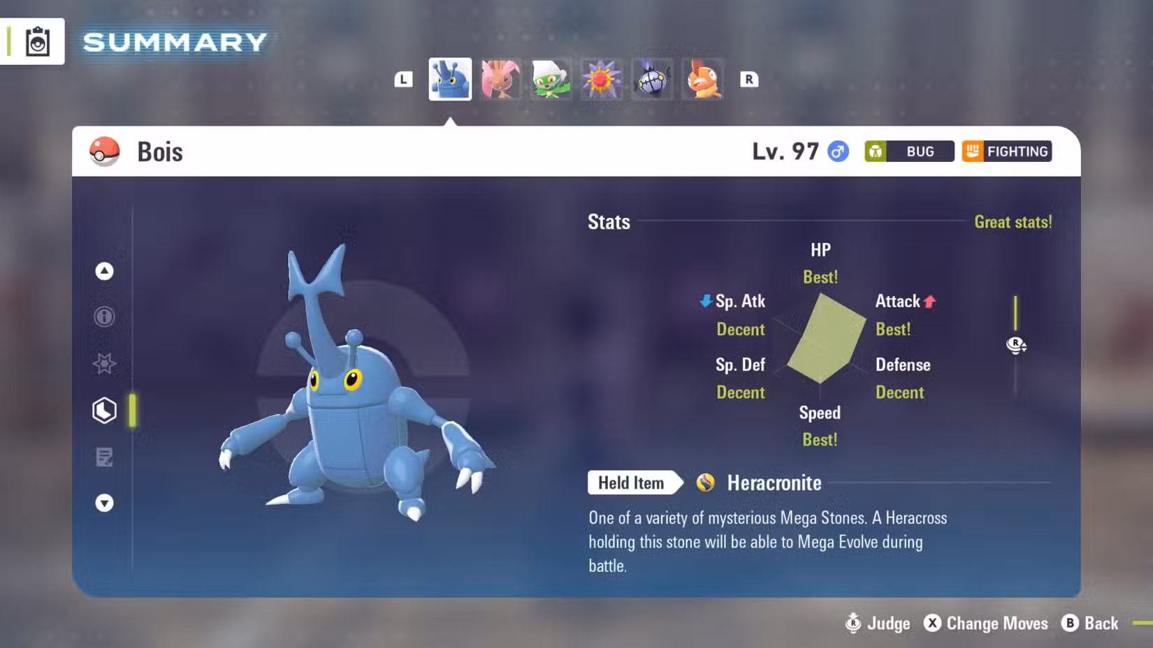 Propagação IV de Bois, o Heracross. Ele maximizou HP, ataque e velocidade em Pokémon Legends: ZA.