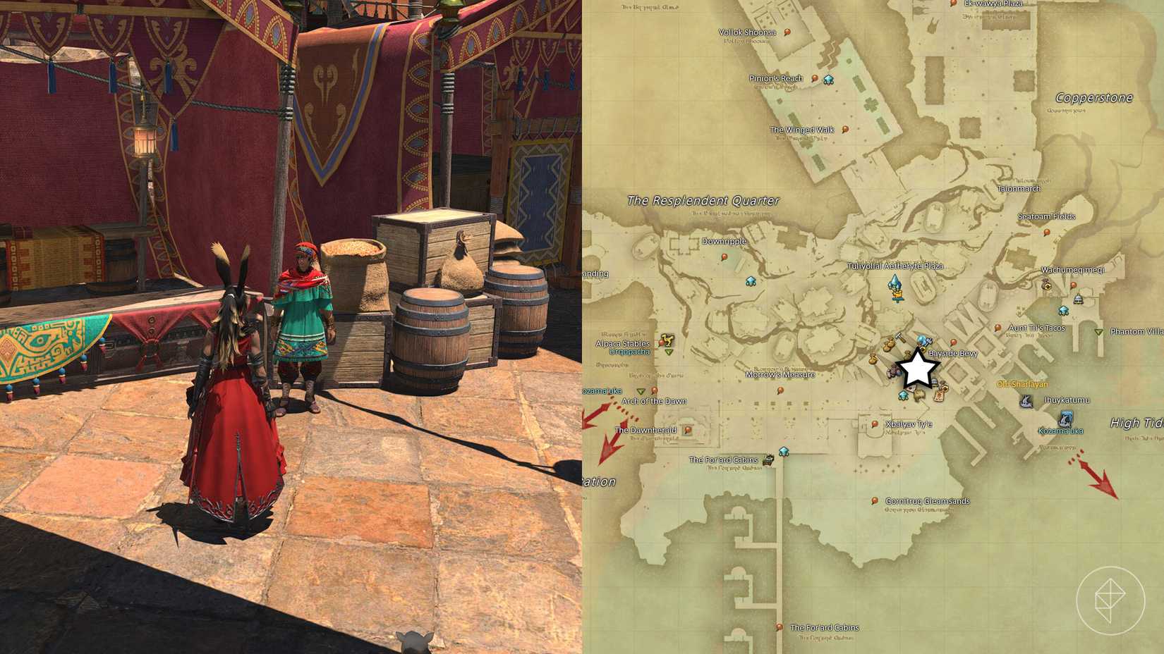 Uma Viera em Red fica em frente a um comerciante em FFXIV