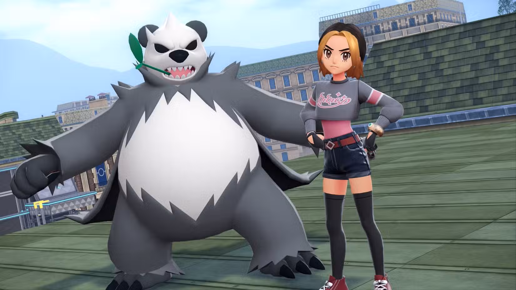 Um Pangoro está ameaçadoramente atrás de um treinador em Pokémon Legends: ZA.