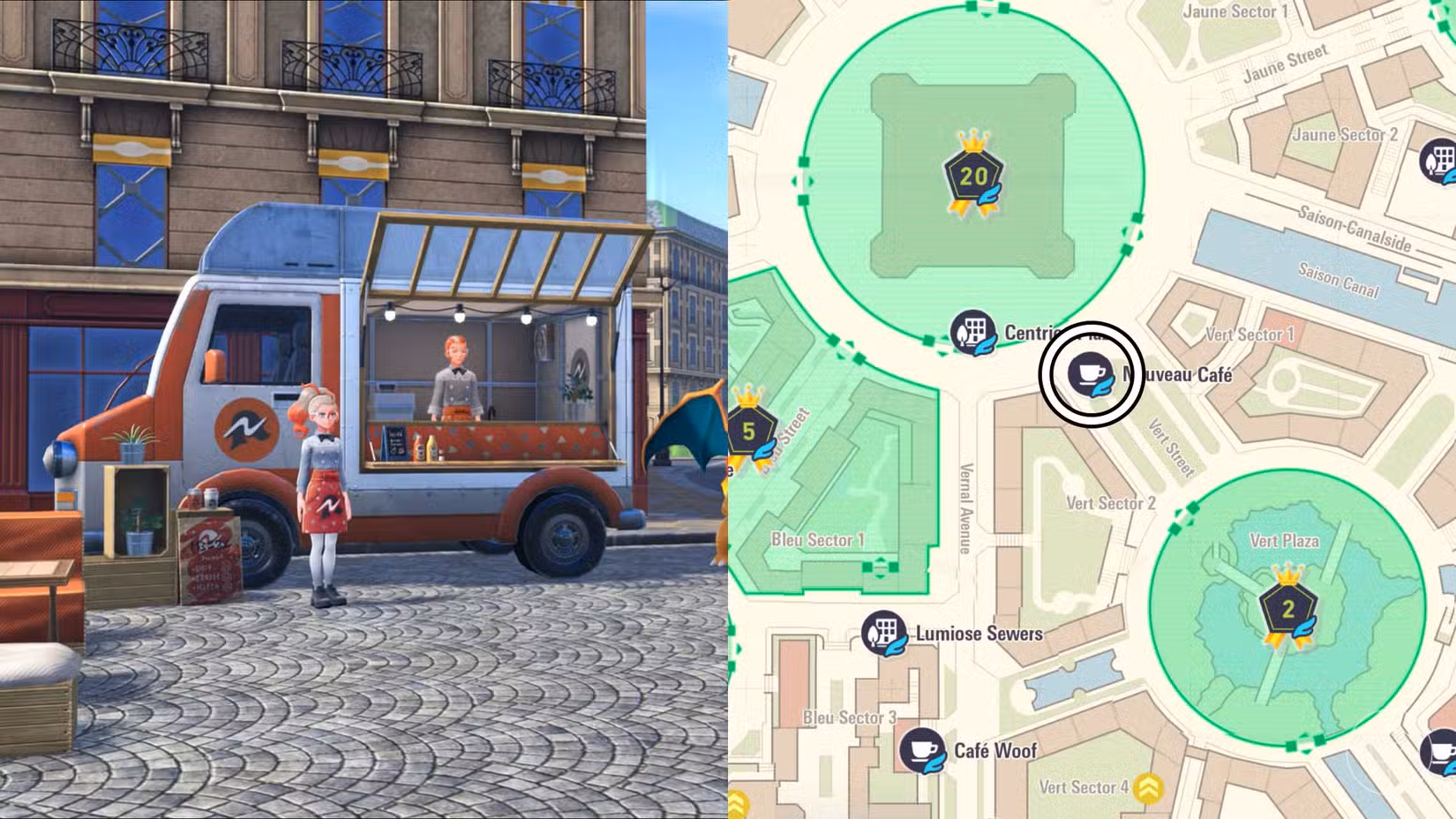 A localização do Nouveau Café circulada no mapa Pokémon Legends: ZA.
