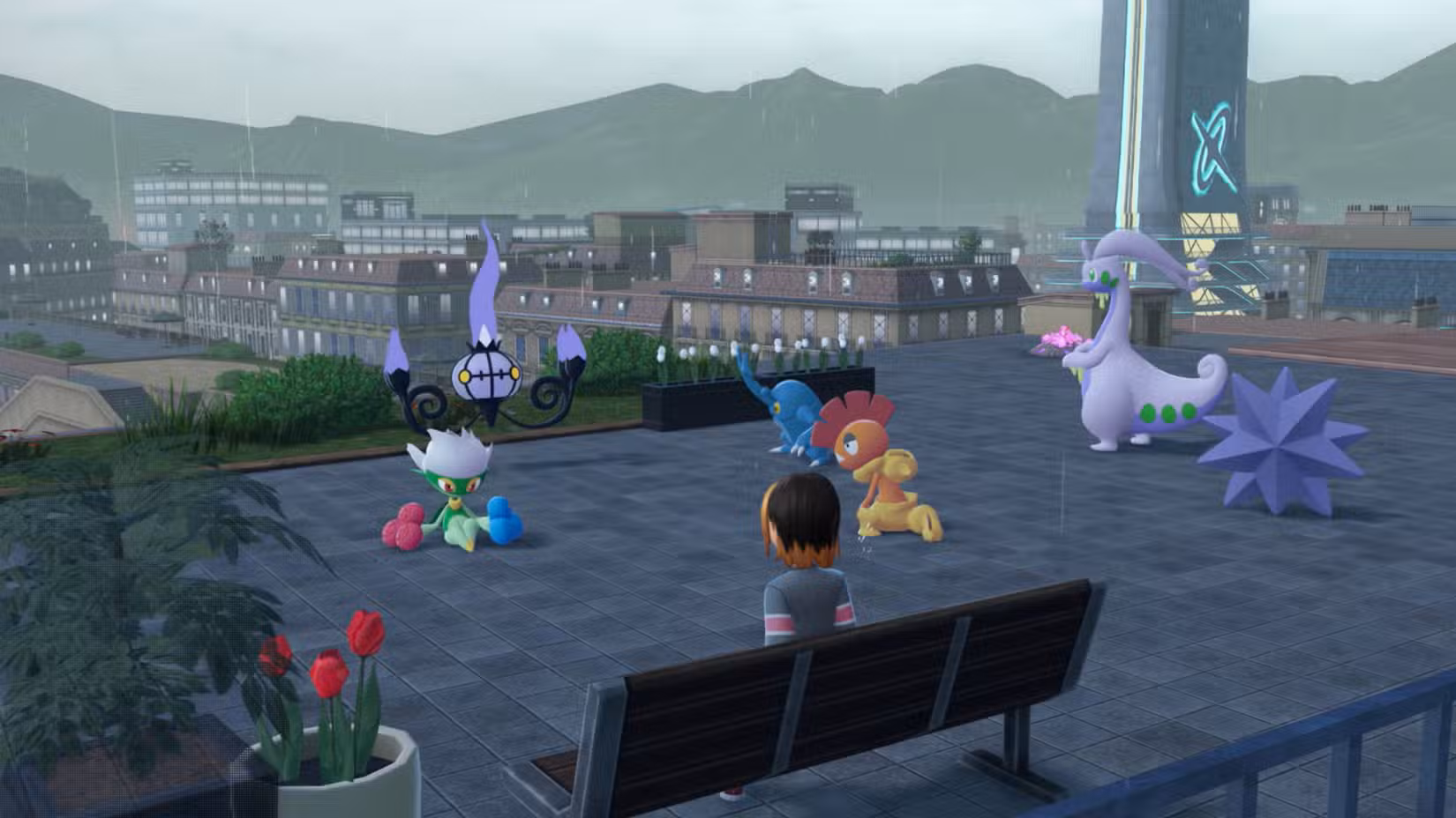 Uma equipe de Pokémon, incluindo um Goodra, está sentada sob a chuva em um telhado.