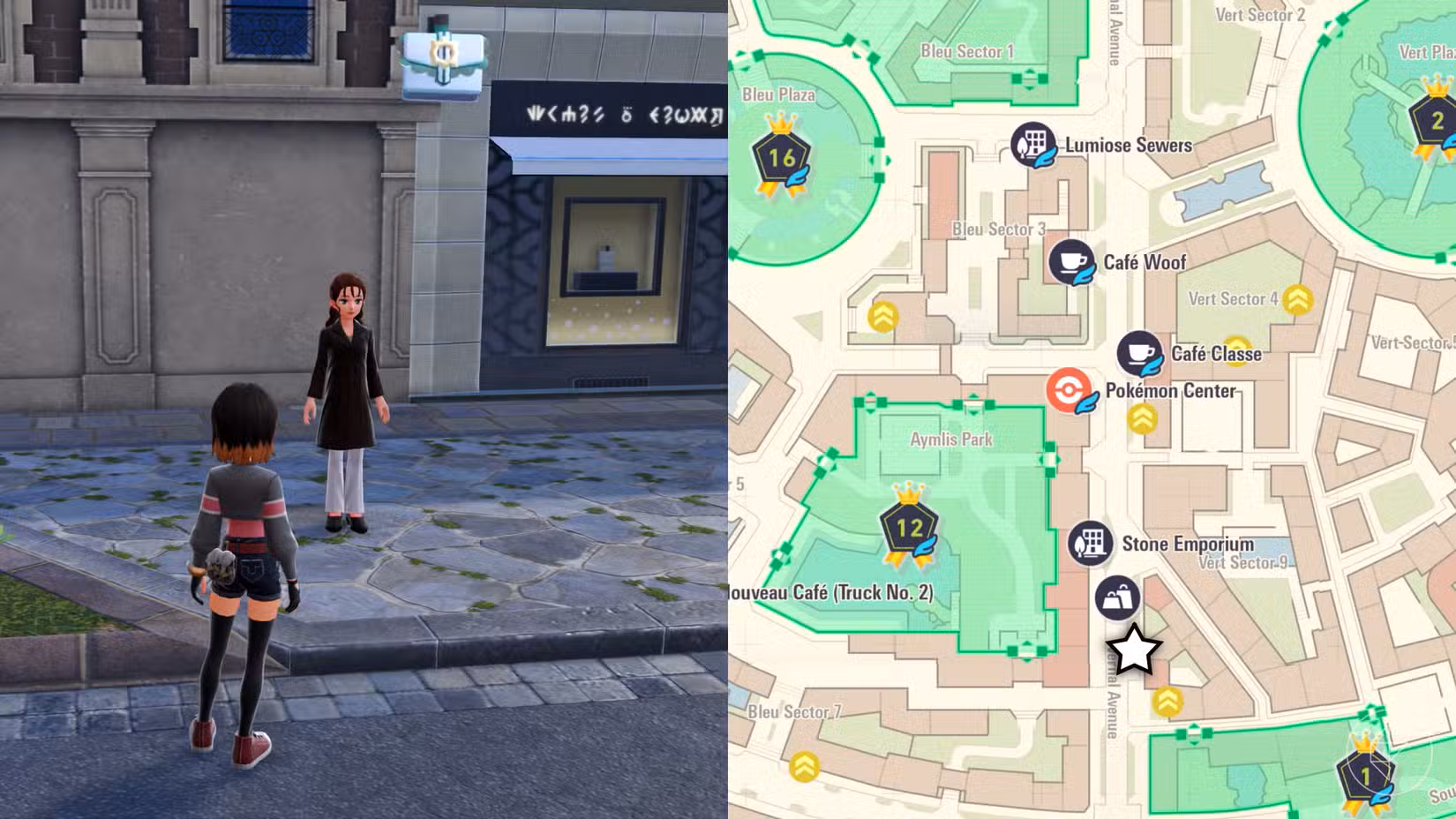 Um mapa que mostra onde encontrar um NPC que recompensa você com um Sachê em Pokémon Legends: ZA.