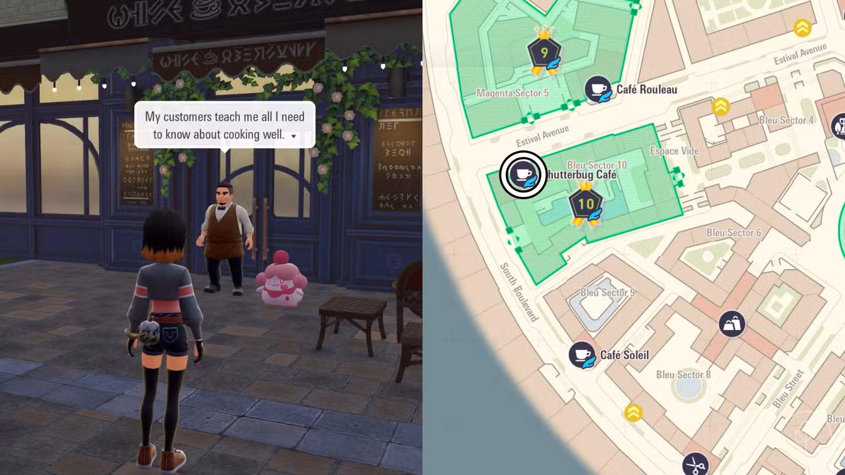 Um homem está na frente de um café com um Slurpuff em Pokémon Legends: ZA.