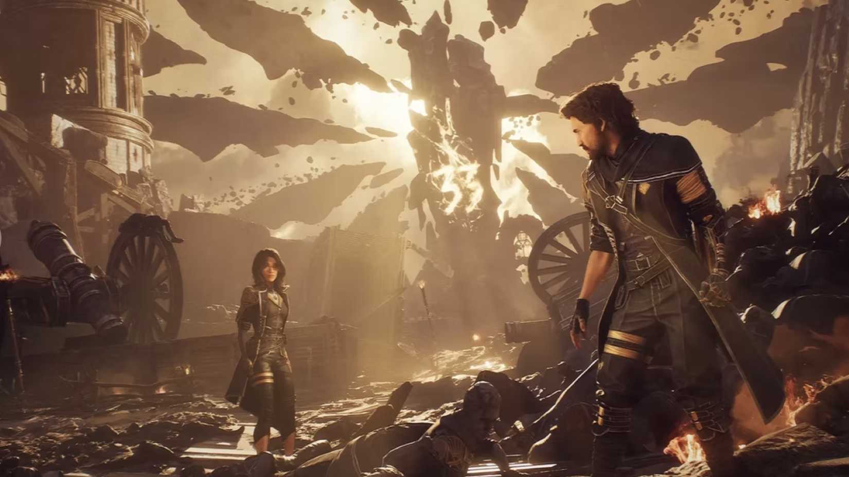 Expedição Clair Obscur 33 Lune e Gustave em frente ao monólito.