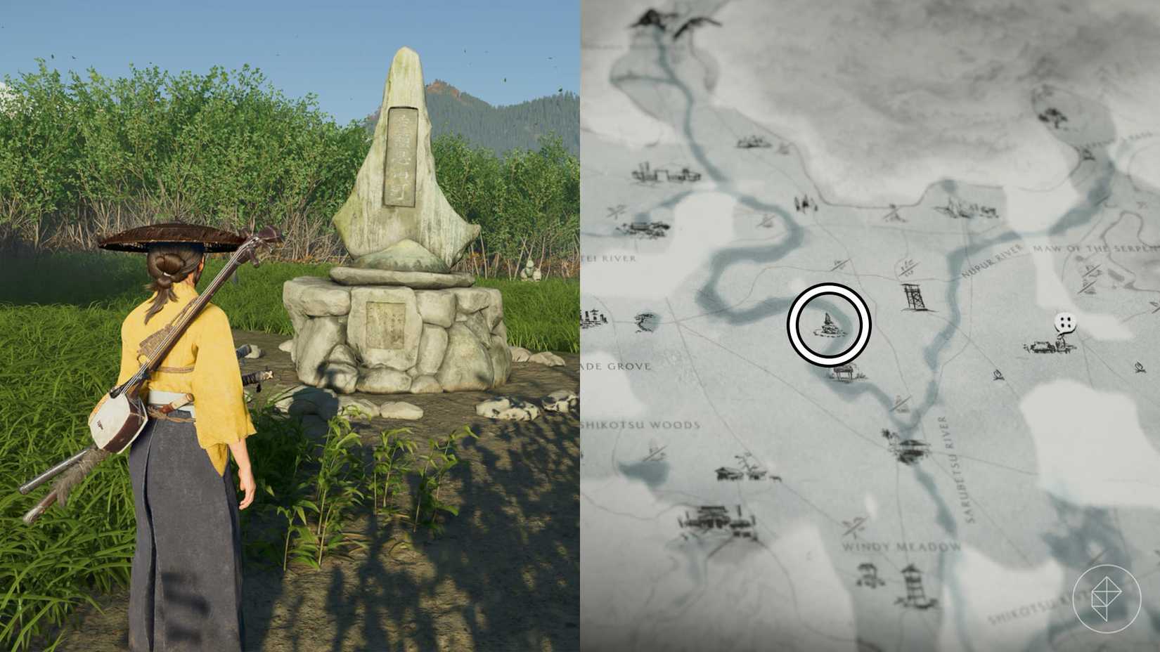 Atsu em pé em frente ao relicário da coragem em fantasmas de Yotei.