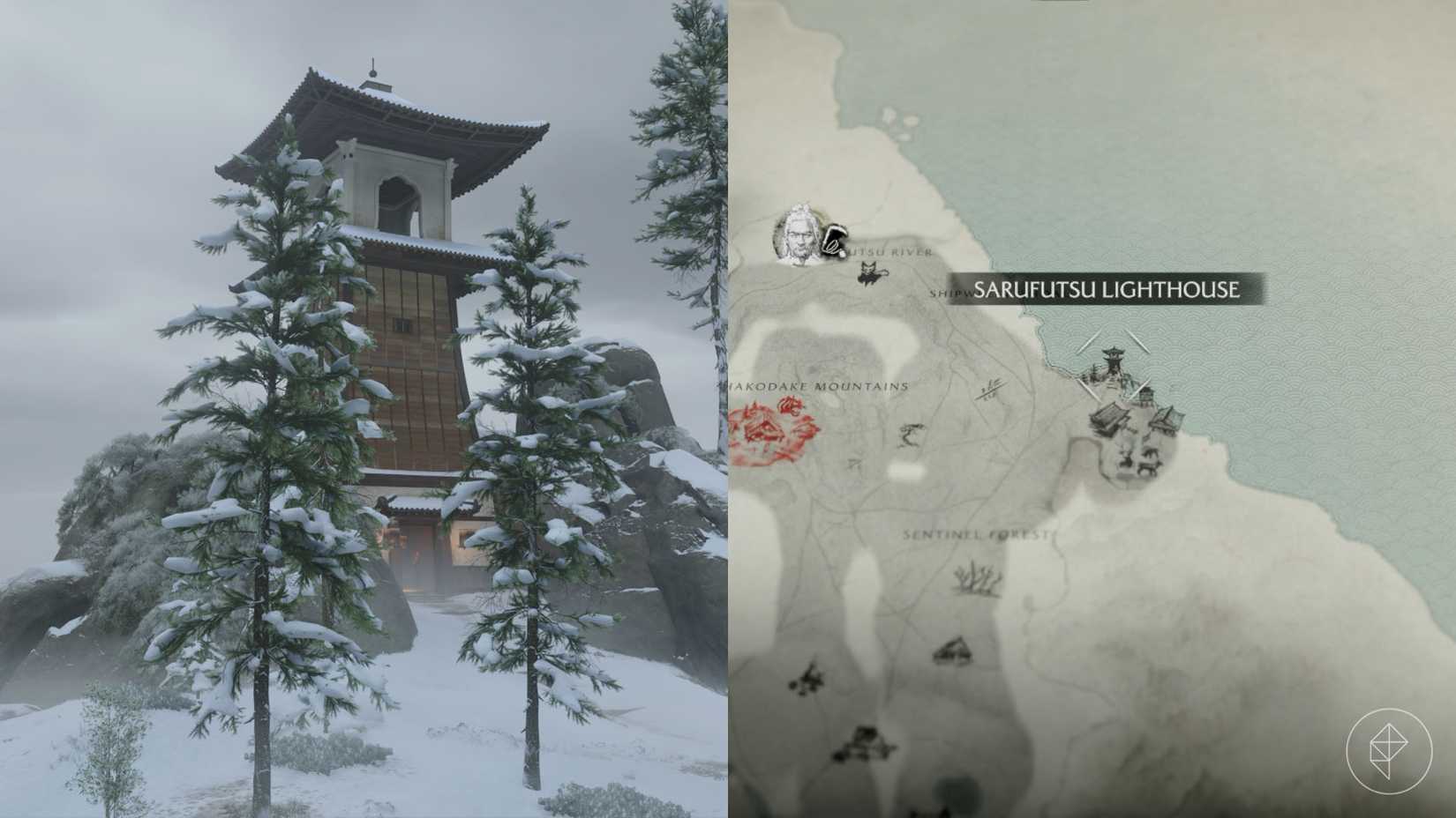 A localização do farol de Sarufutsu marcada no mapa do fantasma de Yotei.
