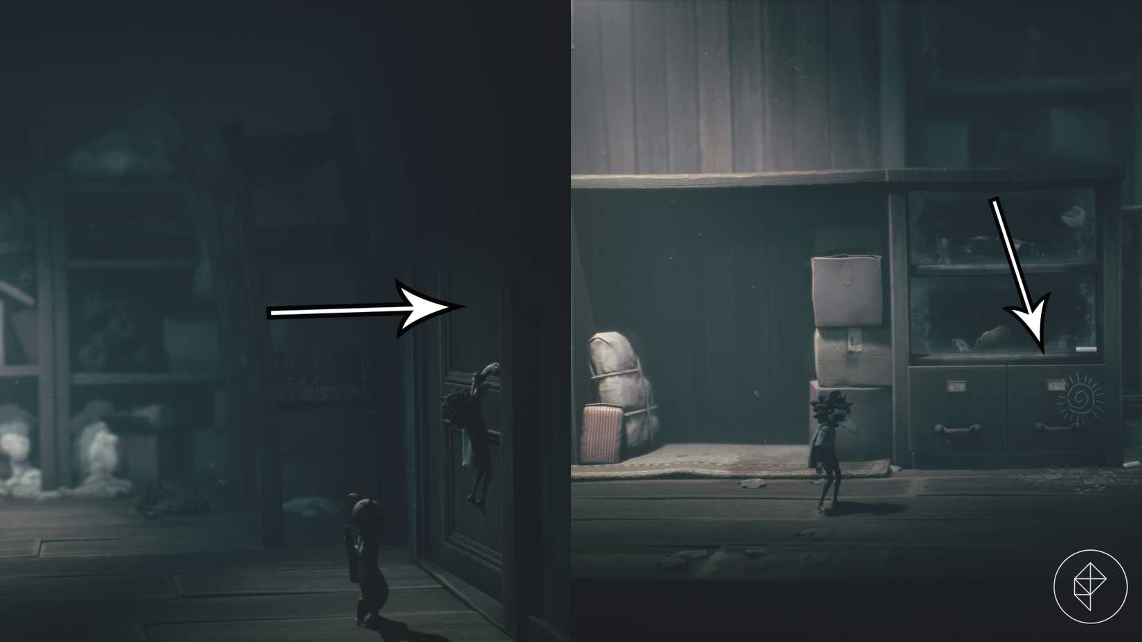 Dois dos esconderijos dos gnomos em Little Nightmares 3.