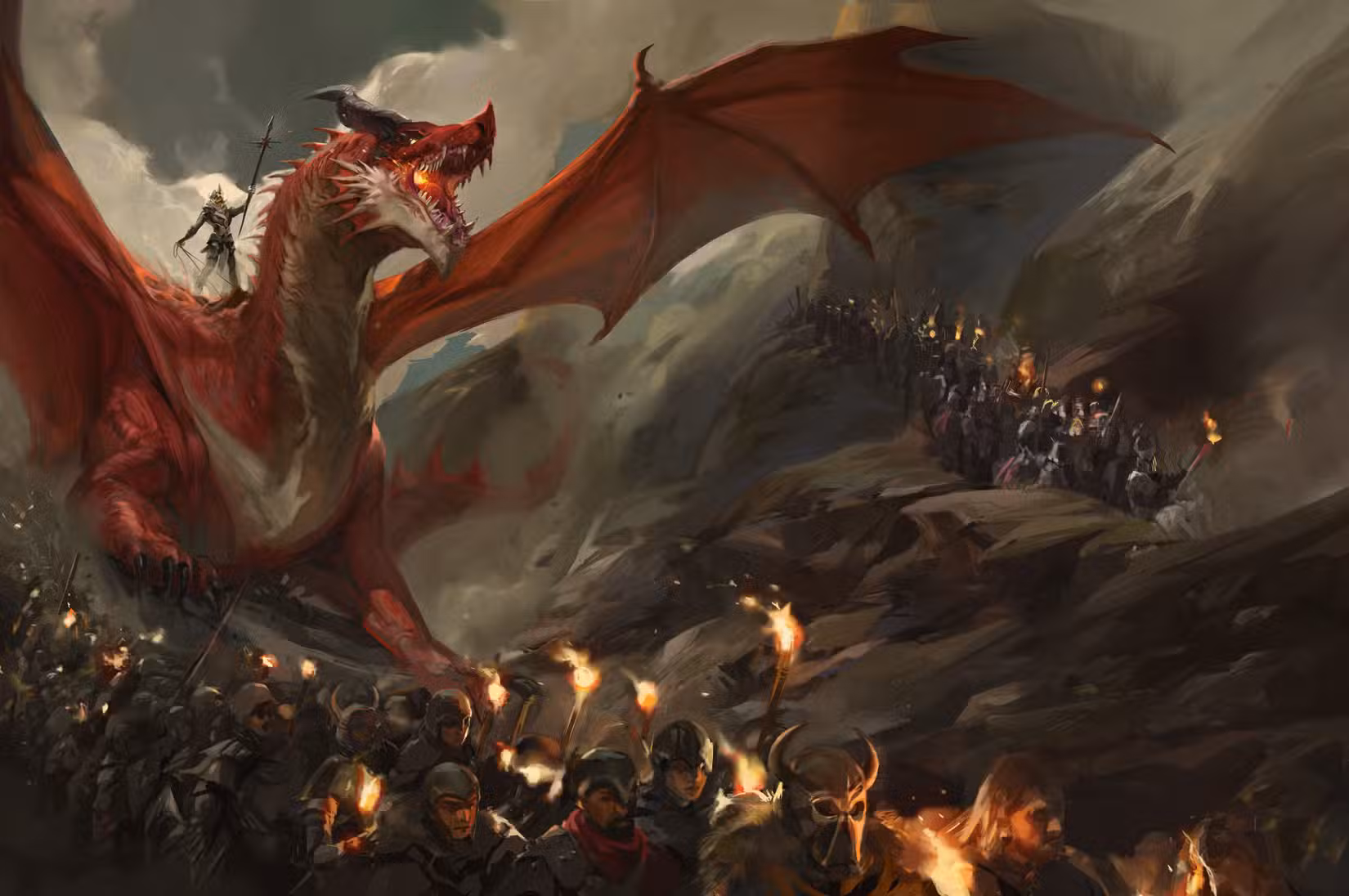 Na arte de Dragonlance: Shadow of the Dragon Queen, o dragão vermelho, com seu cavaleiro na sela, observa duas colunas de tropas se movendo por uma passagem na montanha. O céu está escuro e a passagem é estreita.
