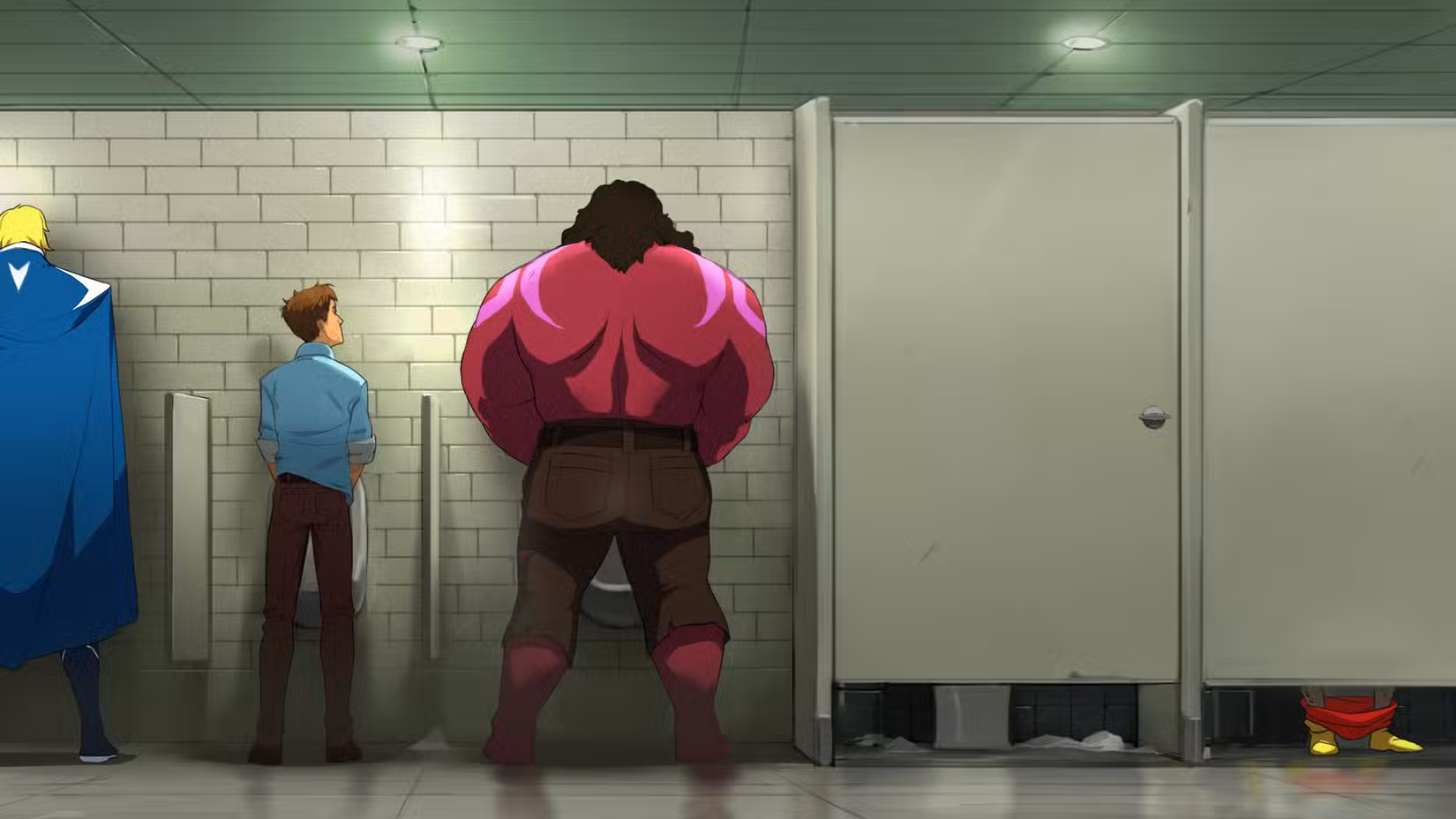 Robert parado em um mictório ao lado de algum tipo de super-herói roxo em Dispatch.