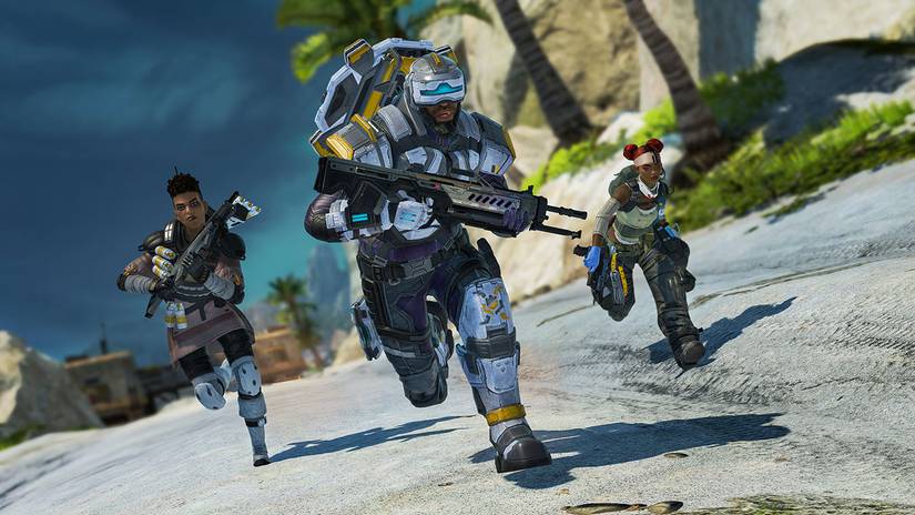 Bangalore, Newcastle e Lifeline correndo em Apex Legends