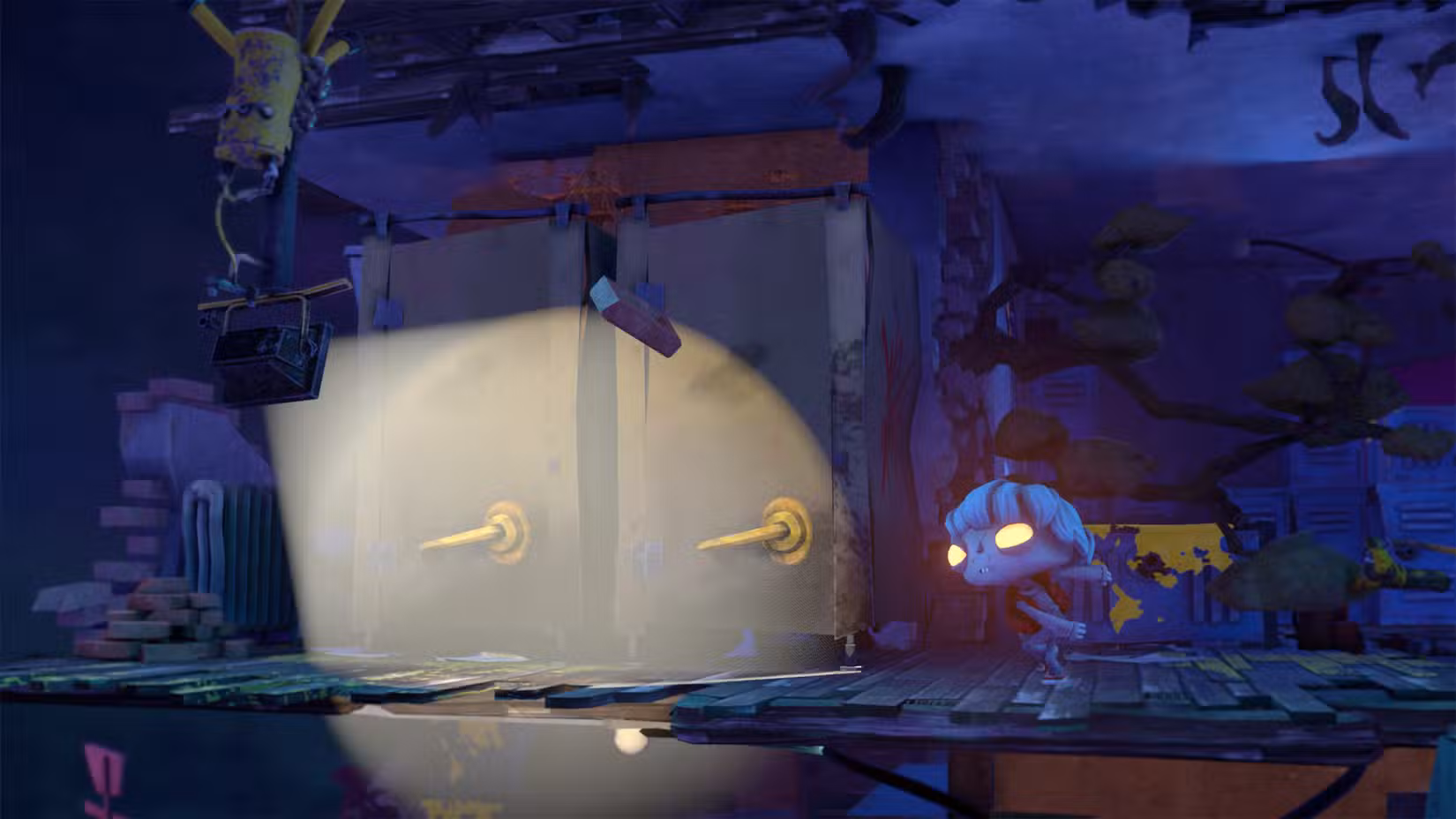 Um zumbi jogando um tijolo em uma luz em Gloomy Eyes.