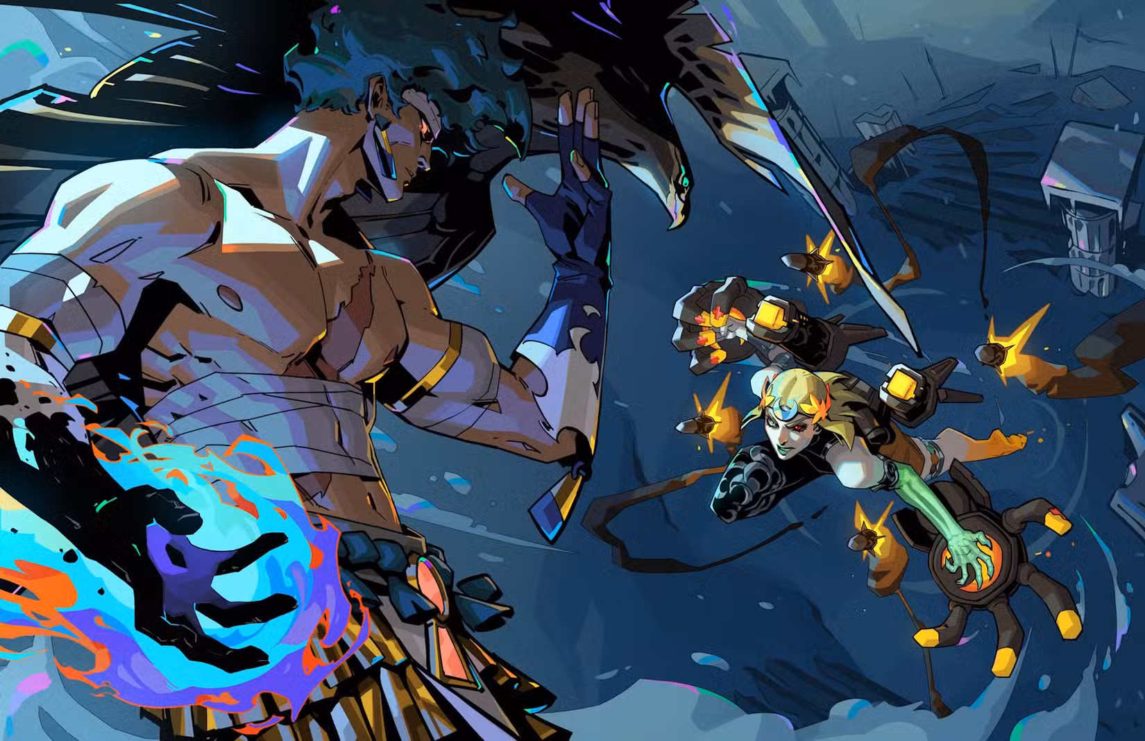 Melinoe, protagonista de Hades 2, ataca Prometheus, um dos chefes do jogo.
