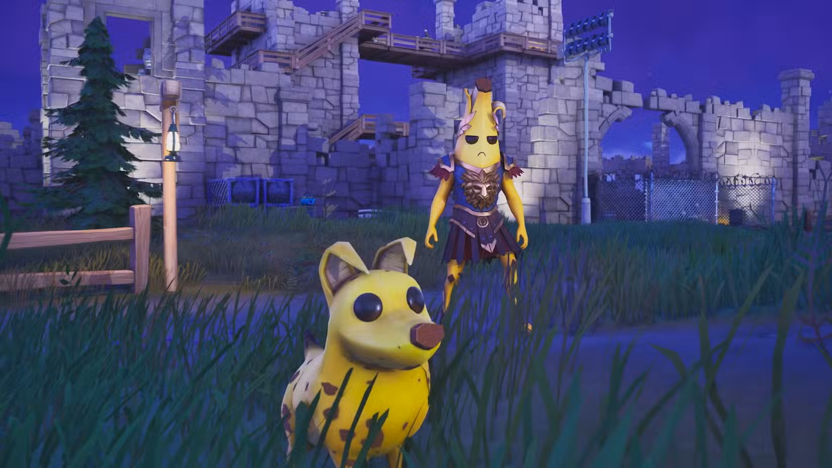 Sidekick Peels, o cão companheiro amarelo, está ao lado de um jogador em Fortnite.