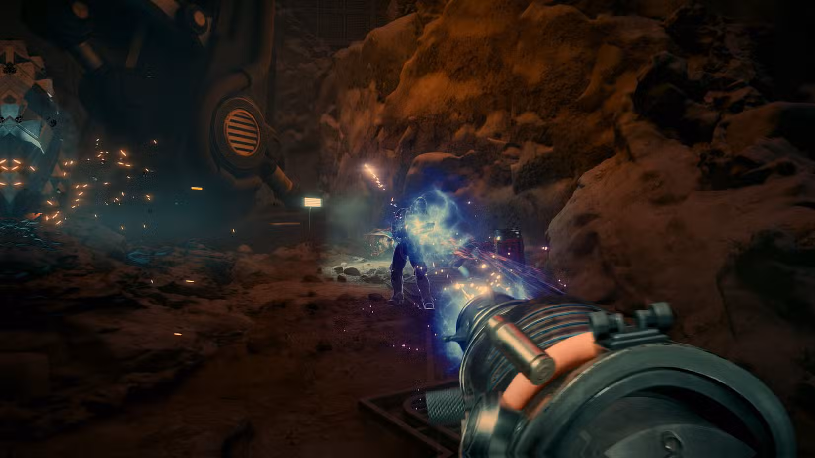 Uma captura de tela oficial de The Outer Worlds 2 mostrando os jogadores usando um cânone de plasma
