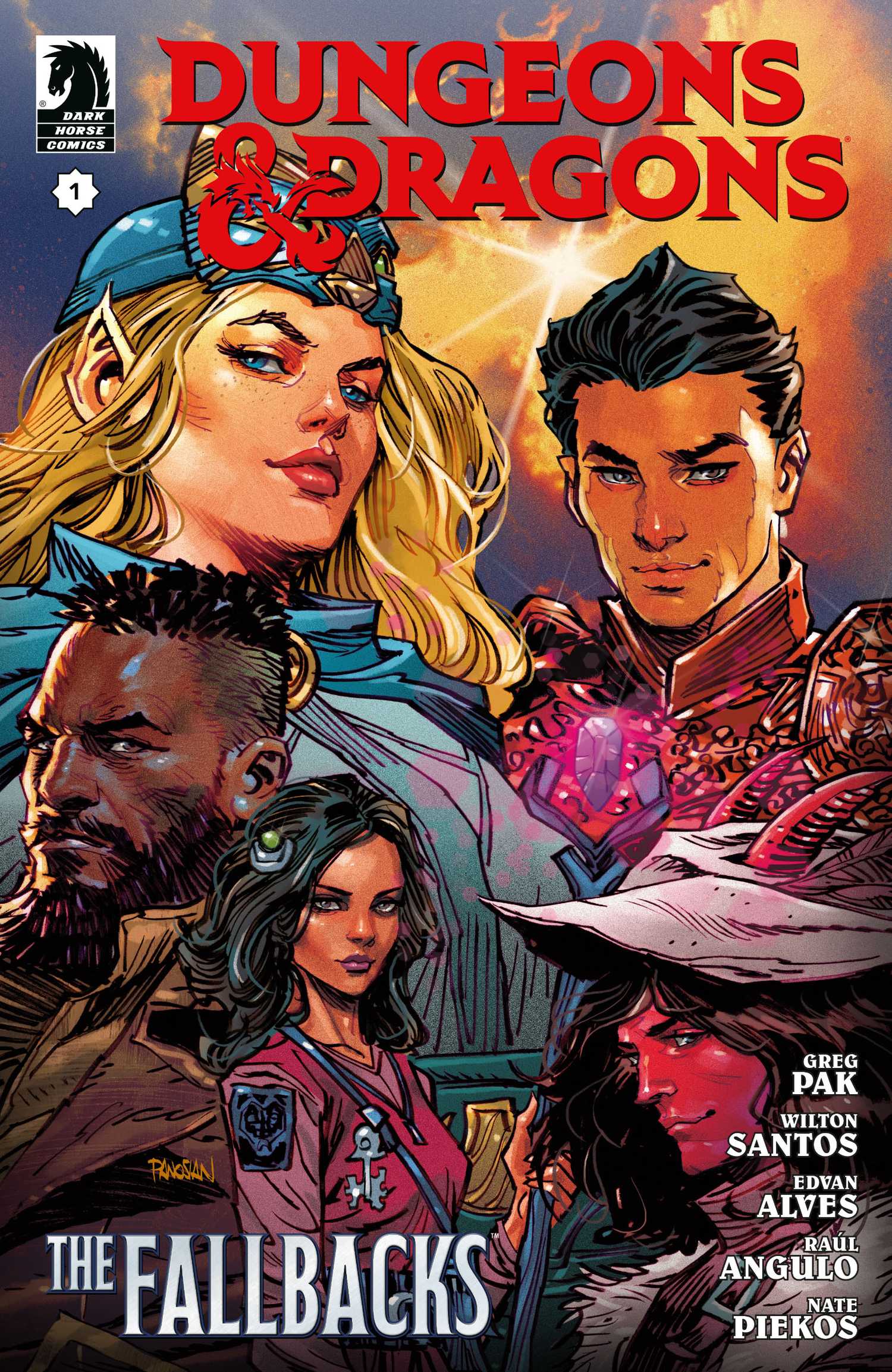 A ladina Tessalynde Haldendria, o clérigo Baldric Goodhard, o lutador Anson Iro, o mago Cazrin Varaith e o bardo Lark Silverstring na capa de Dungeons & Dragons: The Fallbacks
