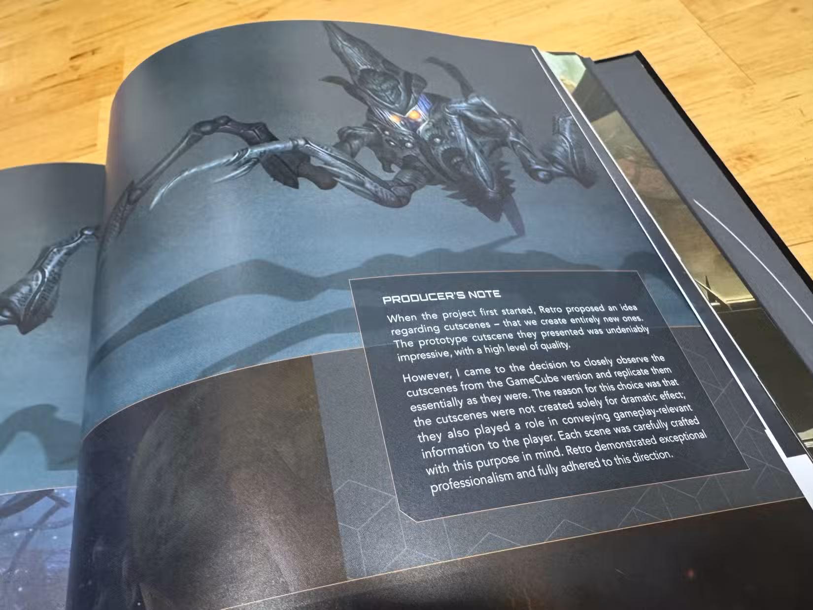 Uma página do livro de arte Metroid Prime explica que Metroid Prime Remastered quase teve cenas originais.