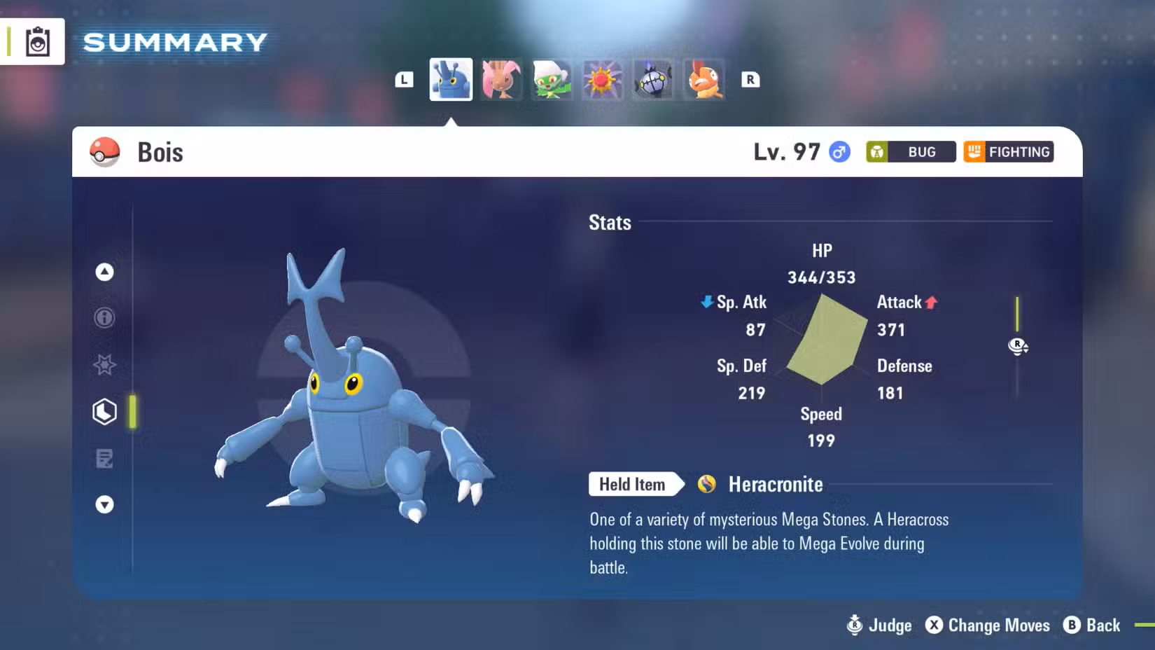 Uma tela de estatísticas de Bois, o Heracroso, mostrando como sua natureza afeta suas estatísticas.