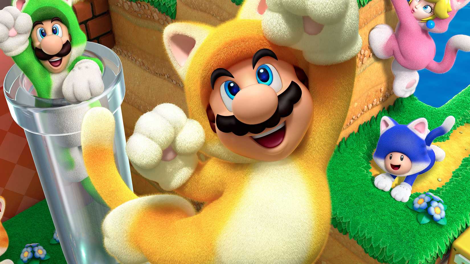 Mario usando um terno de gato pula em arte -chave para o novo Super Mario Bros
