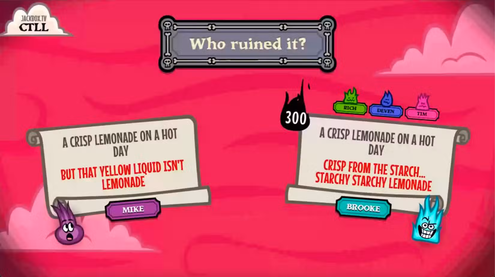 Jogabilidade de Jackbox Doominate com dois jogadores estragando uma limonada crocante em um dia quente."