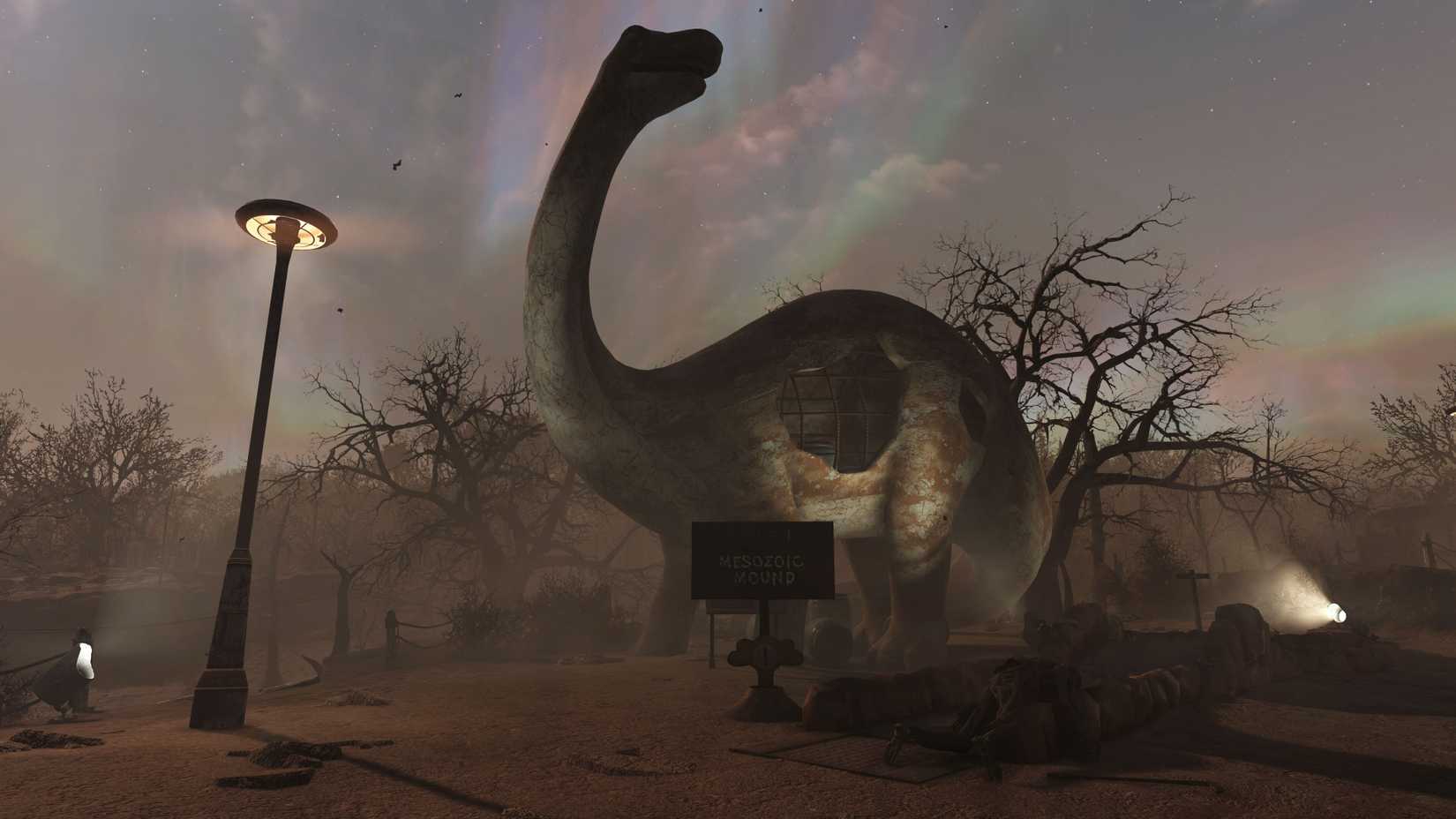 Uma estátua de dinossauros fica alta em Fallout 76.