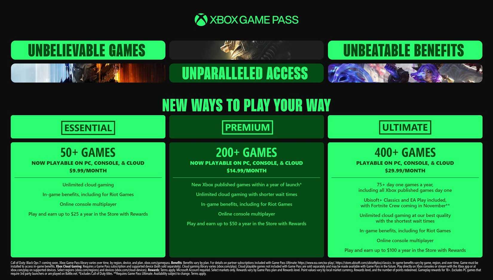 Um infográfico explicando os 3 níveis do jogo Xbox Pass