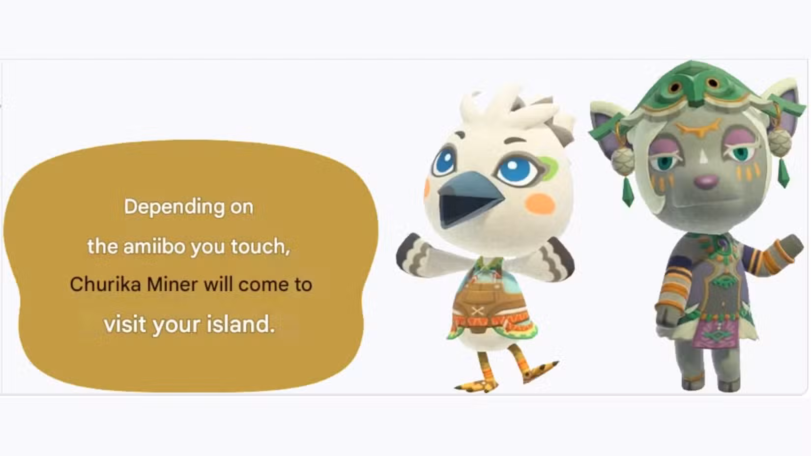 Imagem promocional ACNH de Mineru e Tulin com uma sinopse traduzida.